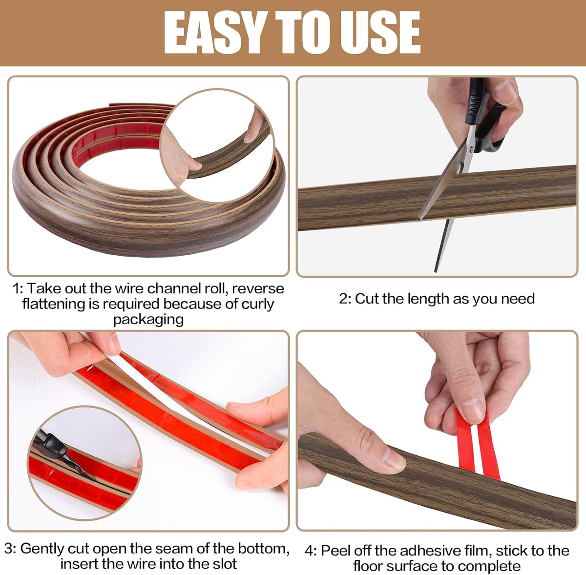 Floor Cord Cover Self Adhesive Cord Hider,10FT Cable Management, Extension Strip Protector for Wires, Prevent Cable Trips for Offices, Gyms, Exhibitions Cavity 0.39"(W) x 0.27"(H) BrownWood