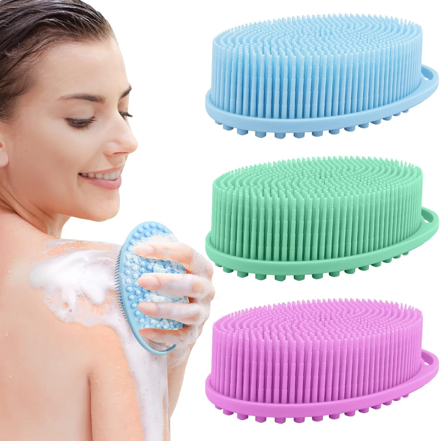 PQRUU 3 Pack Silicone Body Scrubber, Exfoliating Soft Loofah Bath Body Scrubbers for Use in Shower, Exfoliating Body Scrubber Fit for All Kinds of Skin, Rapid Foaming Black+Blue+Pink