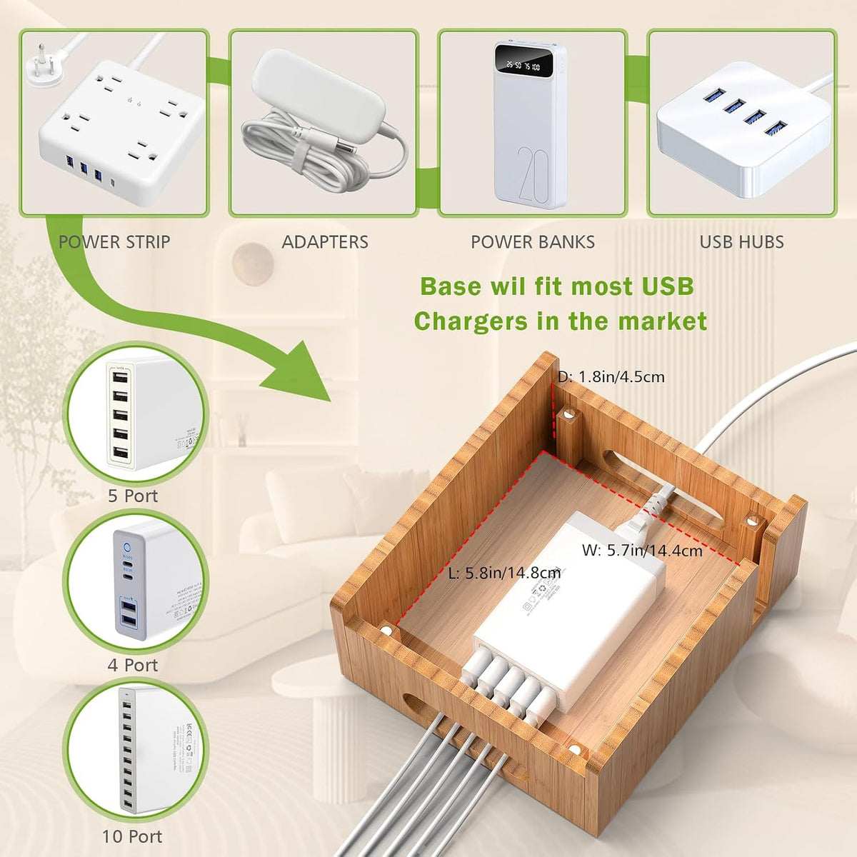 Pezin & Hulin Bamboo Charging Station with USB Charger,5Cables-Natural