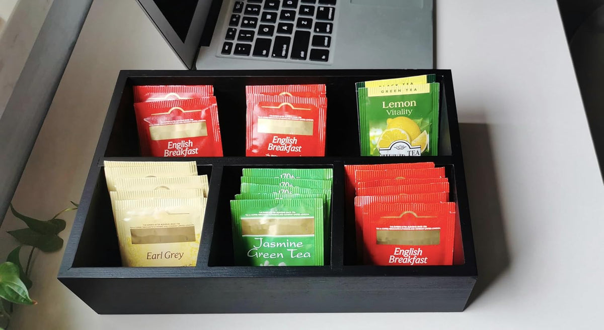 Tea Bag Box Black 6 Compartments Tea Organizer Storage Wood Drawer Station