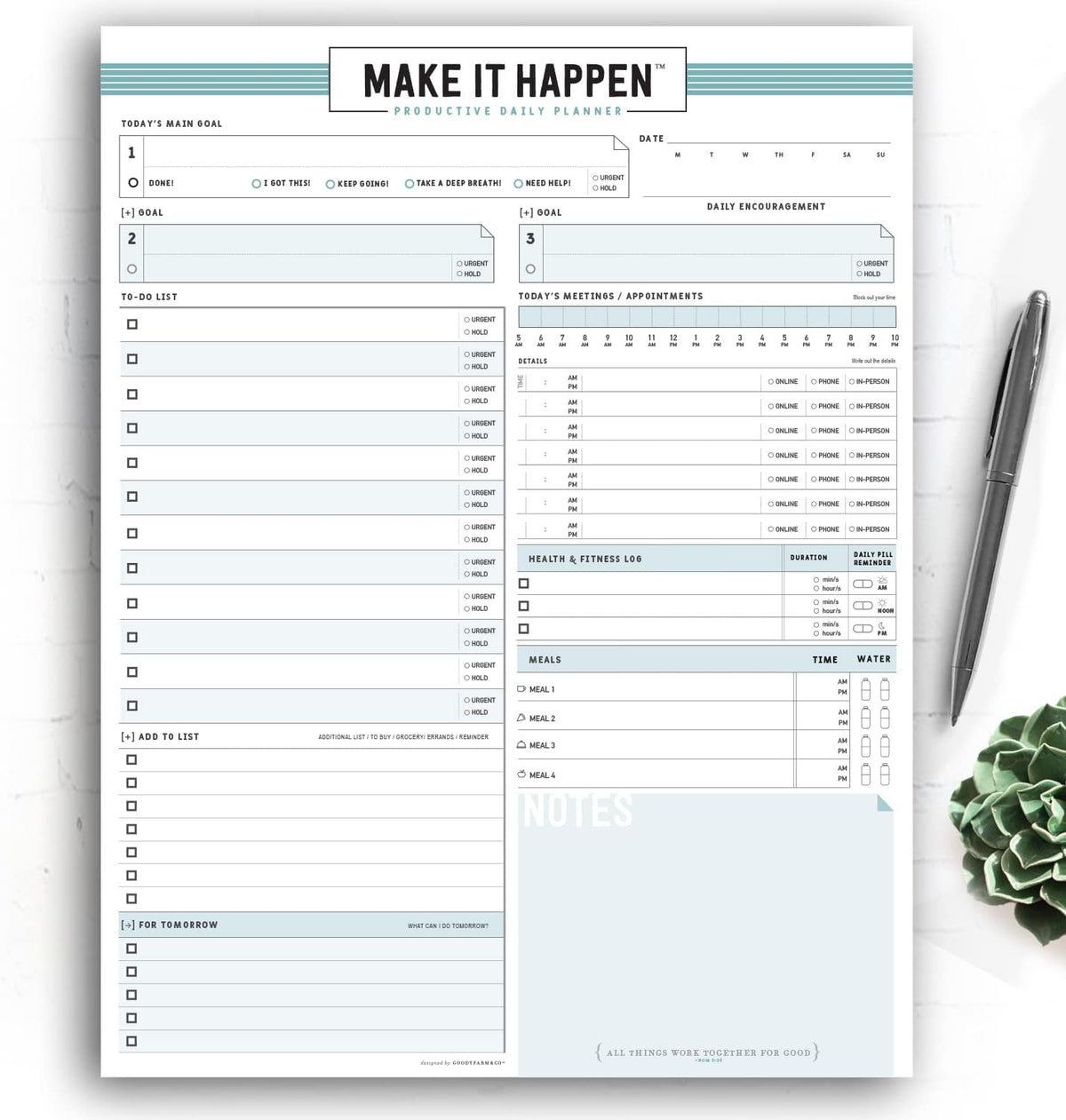 Daily Notepad Planner Basic Minimal To Do Productive List Pad- 50 Tear Off Premium Pad USA (Sea Foam Blue)