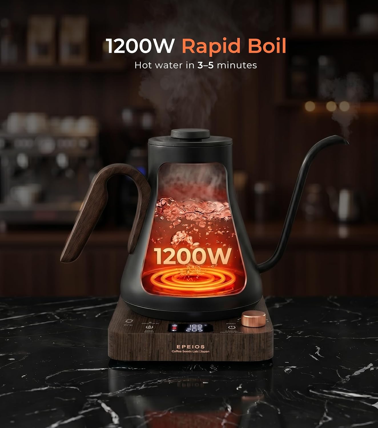 Epeios Electric Kettle, Gooseneck Electric Kettle with ±1°F Temperature Control, 1200W Rapid Heating for Pour Over Coffee & Tea, 304 Stainless Steel Interior, Auto Shut-Off, 0.9L, Black