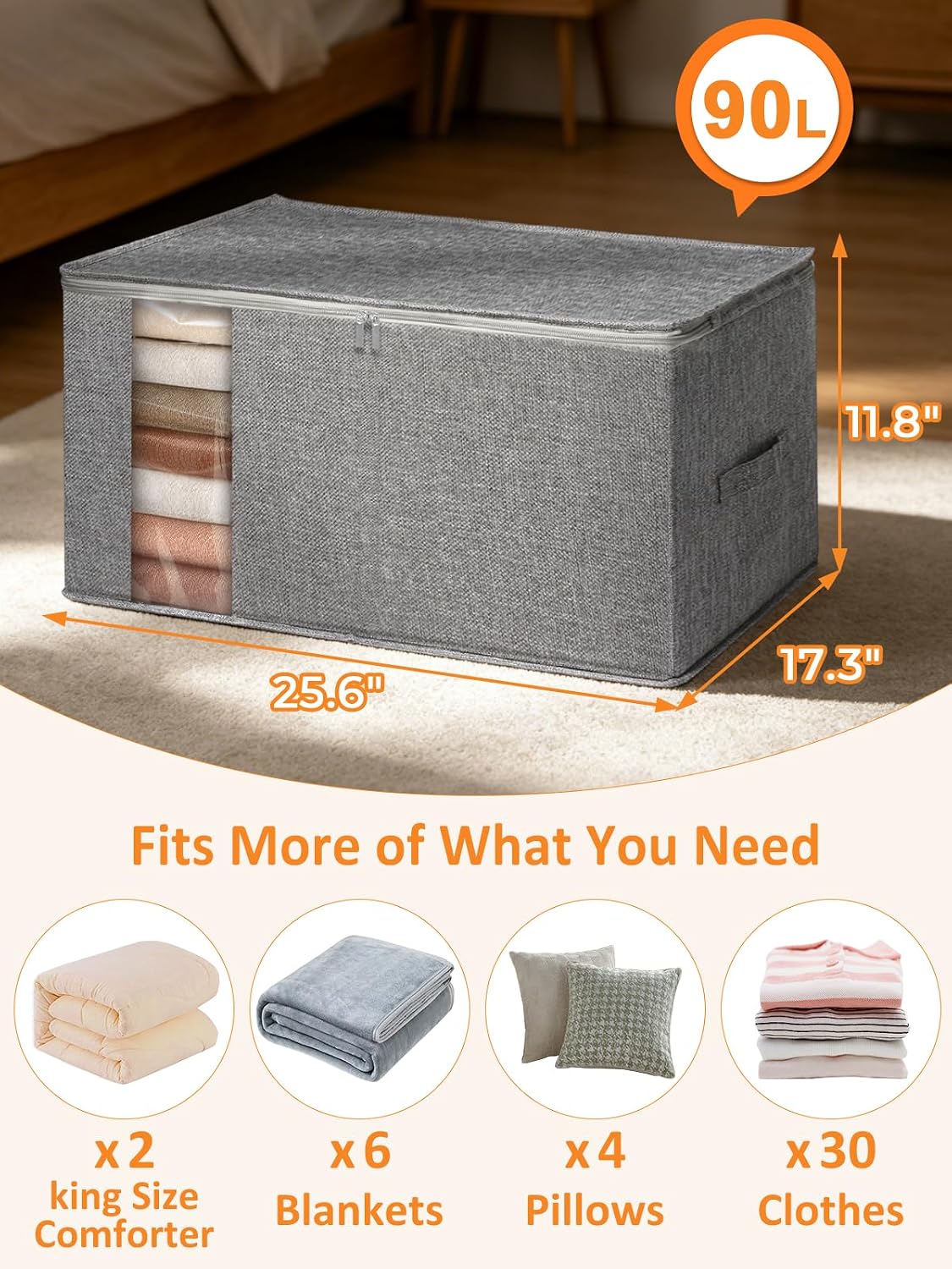 punemi 60L Sturdy Comforter Storage Bag, Blanket Organizer, Grey