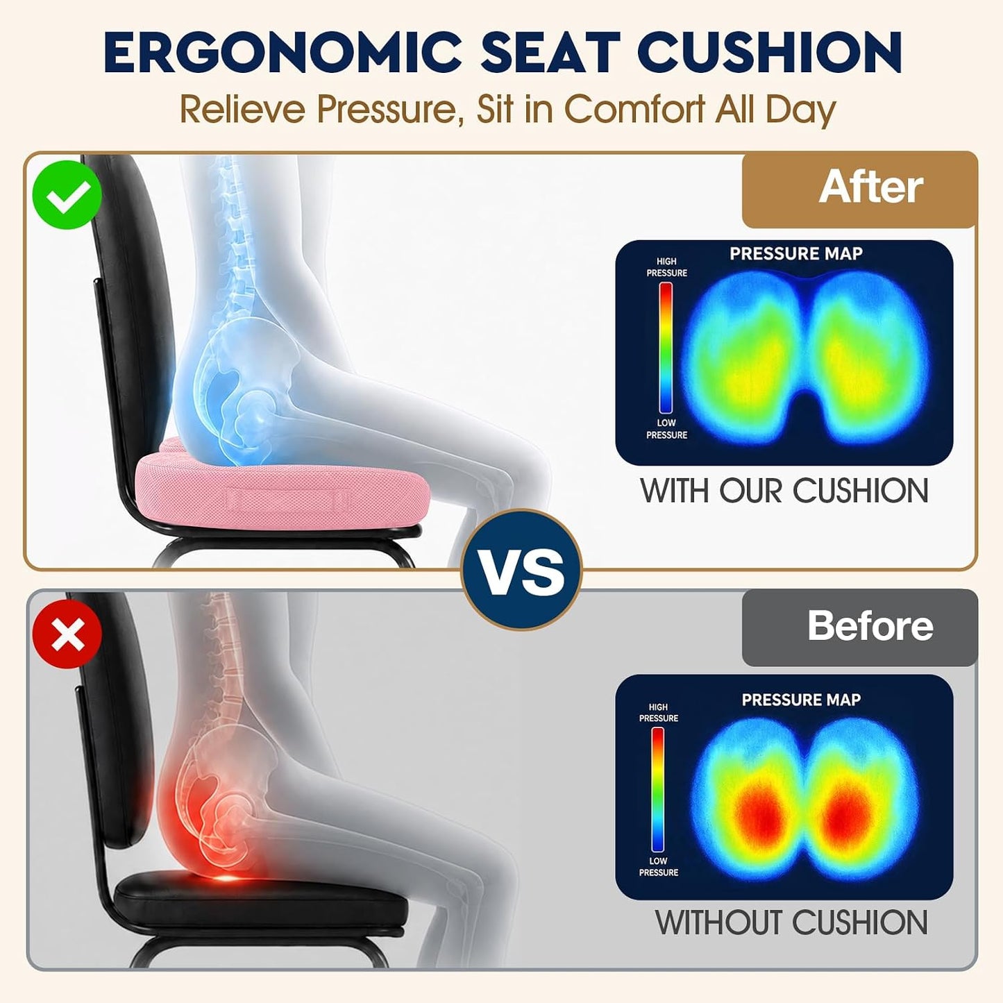 TushGuard Seat Cushion - Memory Foam Sitting Pillow for Office Chair, Car Seat, Airplane, Bleacher - Sciatica & Hip & Coccyx Pain Relief Desk Chair Cushion for Long Sitting Office Workers, Car Drivers