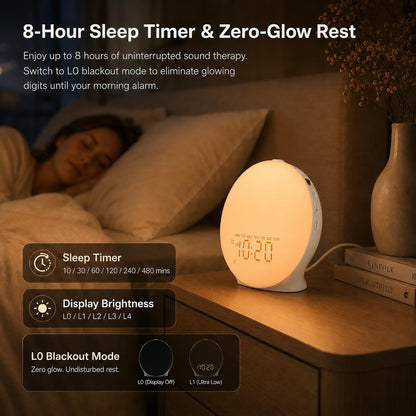 JALL Sleep Sound Machine Sunrise Alarm Clock with 25 White Noise Nature Sounds, Wake Up Light for Bedrooms, Bluetooth Speaker, 8-Hour Sleep Timer, 17 Color Dimmable Lights