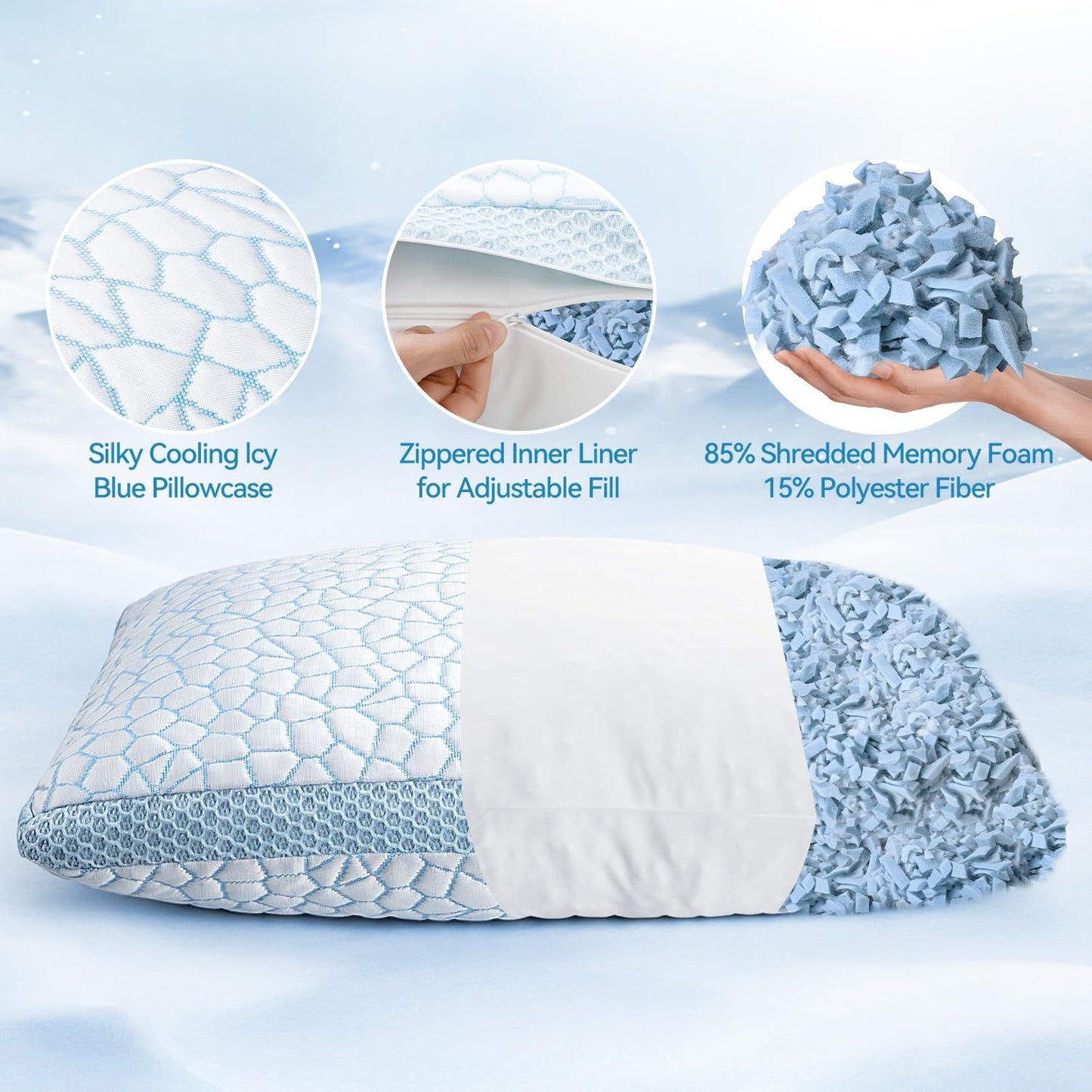 QUTOOL Double Sided Cooling Pillow for Hot Sleepers, Shredded Memory Foam Pillows Queen Size Set of 2, Adjustable Soft & Firm Gel Bed Pillow for Side, Back, Stomach Sleepers