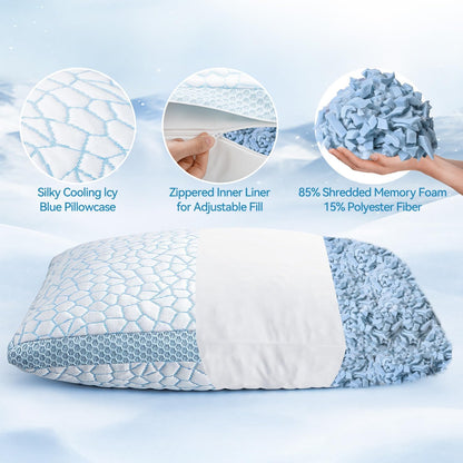 QUTOOL Double Sided Cooling Pillow for Hot Sleepers, Shredded Memory Foam Pillows Queen Size Set of 2, Adjustable Soft & Firm Gel Bed Pillow for Side, Back, Stomach Sleepers