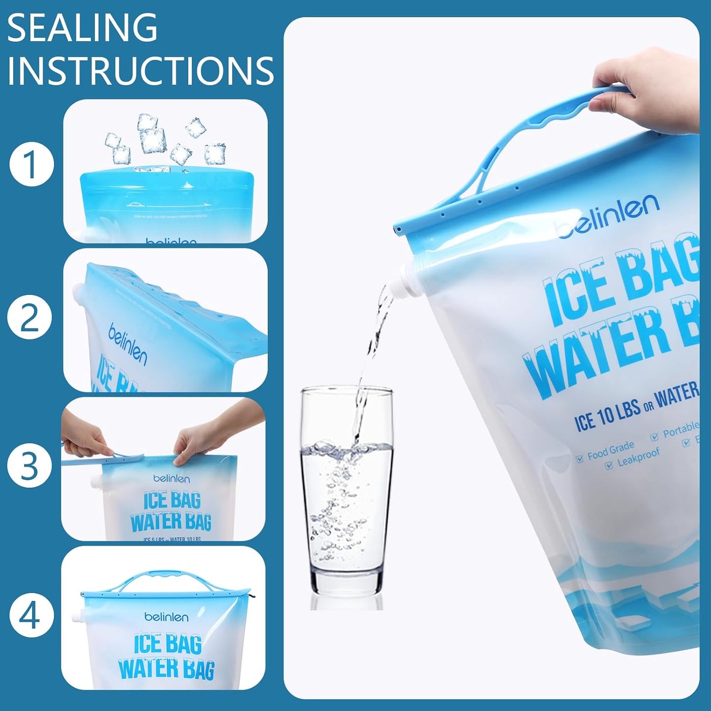 6 Pack Reusable Ice Bags for Cooler 5lb Cooler Ice Cube Bag with Sealed Sliding Handle