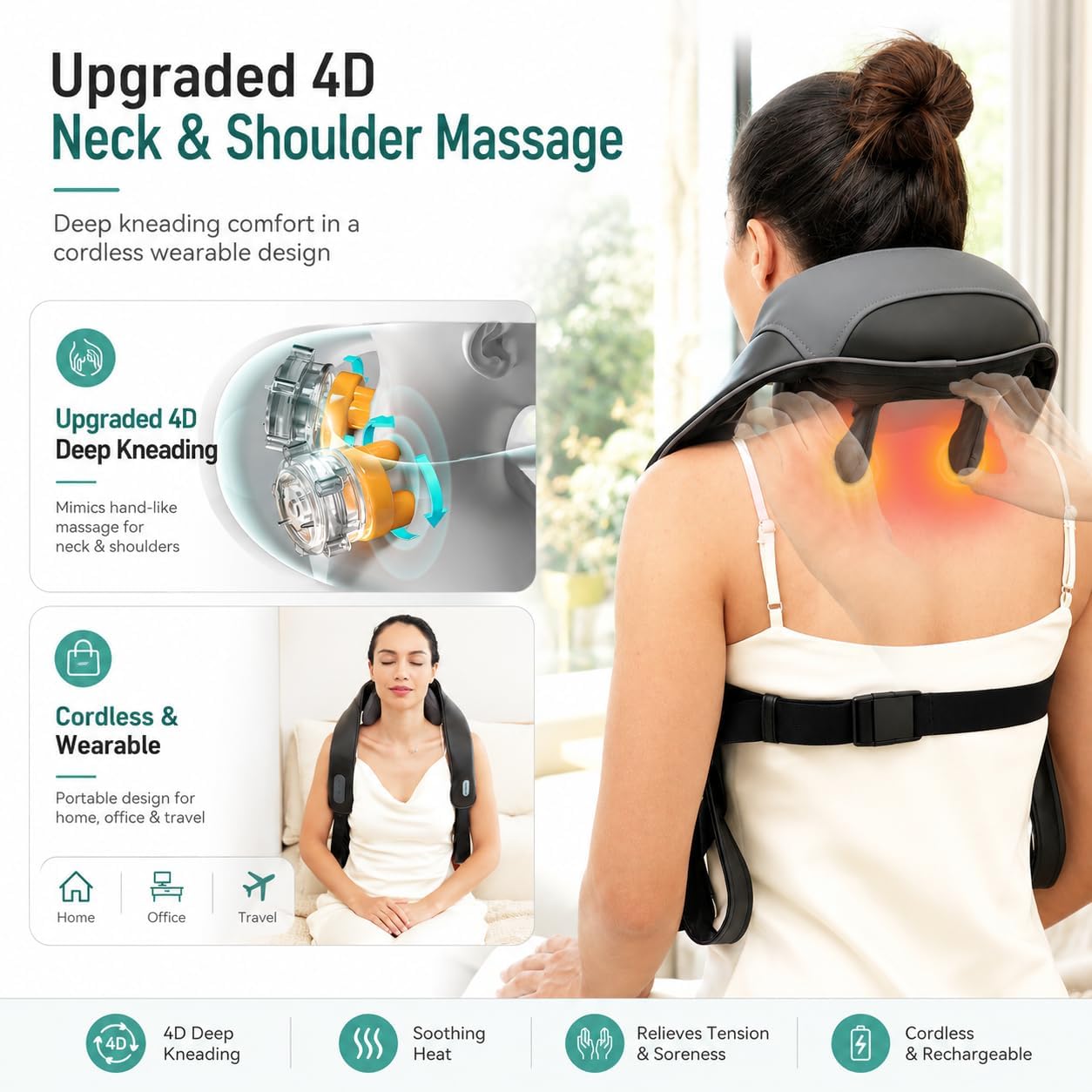 Snailax Cordless Neck Massager with Heat for Pain Relief Deep Tissue, 4D Kneading,Rechargeable Shiatsu Back Neck Massager for Neck, Shoulders Back，Gift for Father