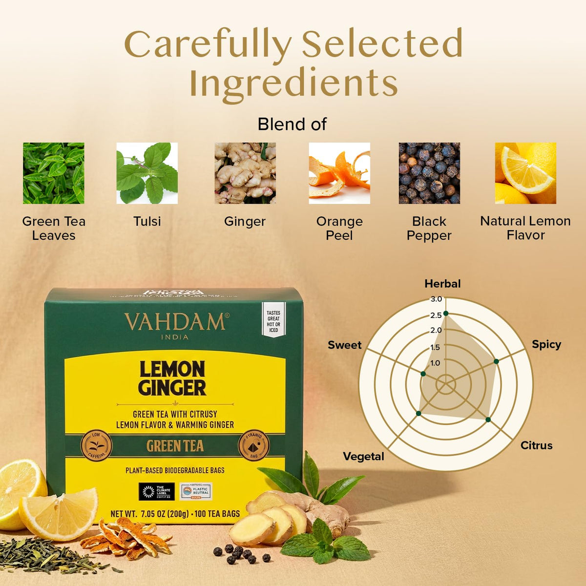 VAHDAM Lemon Ginger Green Teabags (100 Count) Zesty Blend Pyramid Teabags