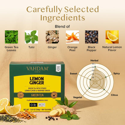 VAHDAM Lemon Ginger Green Teabags (100 Count) Zesty Blend Pyramid Teabags