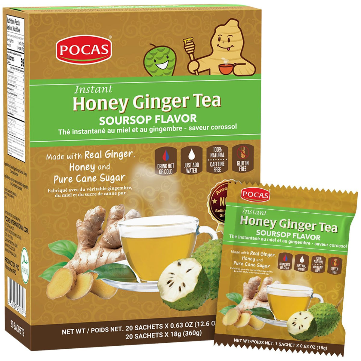 Pocas Honey Ginger Instant Tea Powder, Soursop Flavor, Real Ginger Extract & Sweetener, Caffeine-Free Tea, 20 Packets