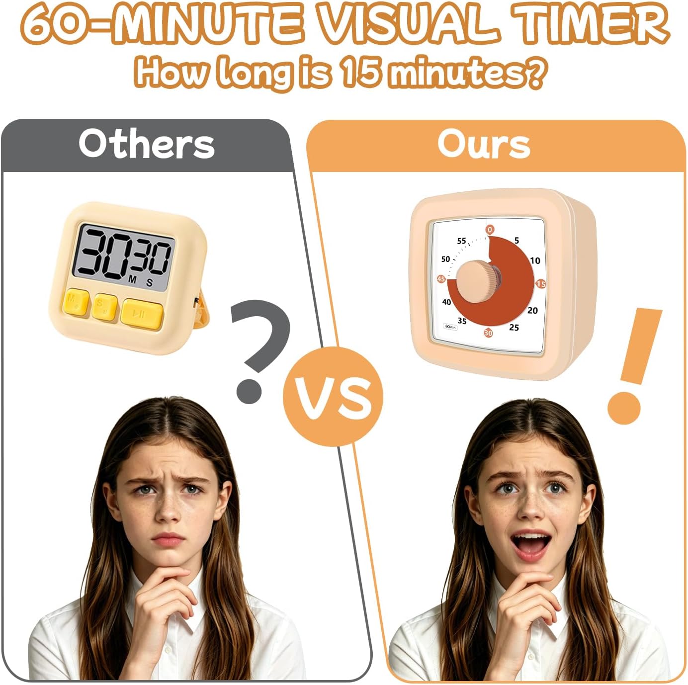 Visual Timer, 60 Minute Timer Silent Countdown Clock for Kids Homework, Classroom Time Management, Kitchen Timer for Cooking, No Ticking Mini Desk Timer for Adults Pomodoro Teachers, Orange