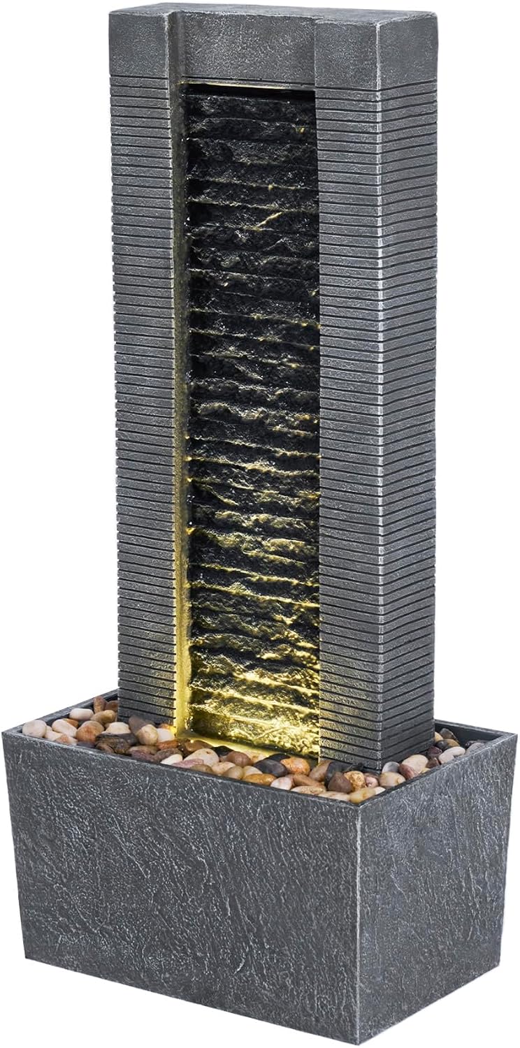 Teamson Home 38.58 in. Modern Curved Faux Slate Waterfall Fountain for Indoors or Outdoors with LED Light Accents and 1.98-Gallon Pump, Black and Stone Gray | Freestanding Floor Garden Waterfall, LED Lights, Weatherproof Polyresin, For Patio & Yard