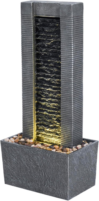 Teamson Home 38.58 in. Modern Curved Faux Slate Waterfall Fountain for Indoors or Outdoors with LED Light Accents and 1.98-Gallon Pump, Black and Stone Gray | Freestanding Floor Garden Waterfall, LED Lights, Weatherproof Polyresin, For Patio & Yard
