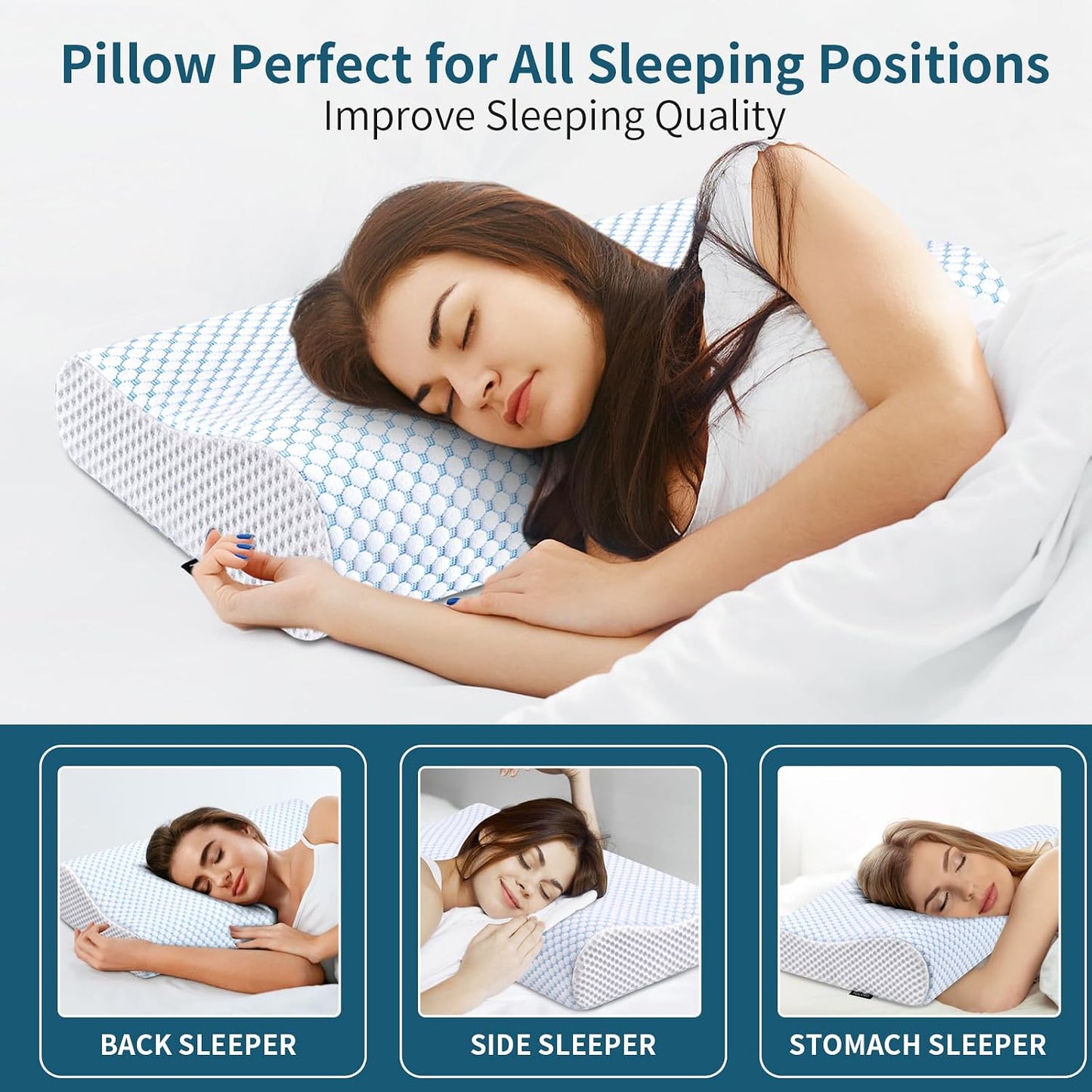 Memory Foam Pillows Neck Pillow Bed Pillow for Sleeping, Ergonomic Cervical Pillow for Neck and Shoulder Pain Relief,Orthopedic Contour Pillow for Side Back Stomach Sleeper(Blue&Grey)