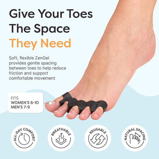 ZenToes Silicone Toe Spacers and Separators for Correct Toe Alignment, Bunion Relief, Hammertoe Straightener, Gel Orthopedic Corrector – 1 Pair (Black)
