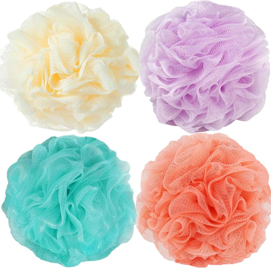 Fu Store Loofah Sponge 60g Shower Loofahs 4 Colors Bath Sponges Mesh Balls for Body Scrubber Exfoliator Wash Back Scrubber Bathroom Men Women - 4 Pack Scrubbers Cleaning Bathing Accessories