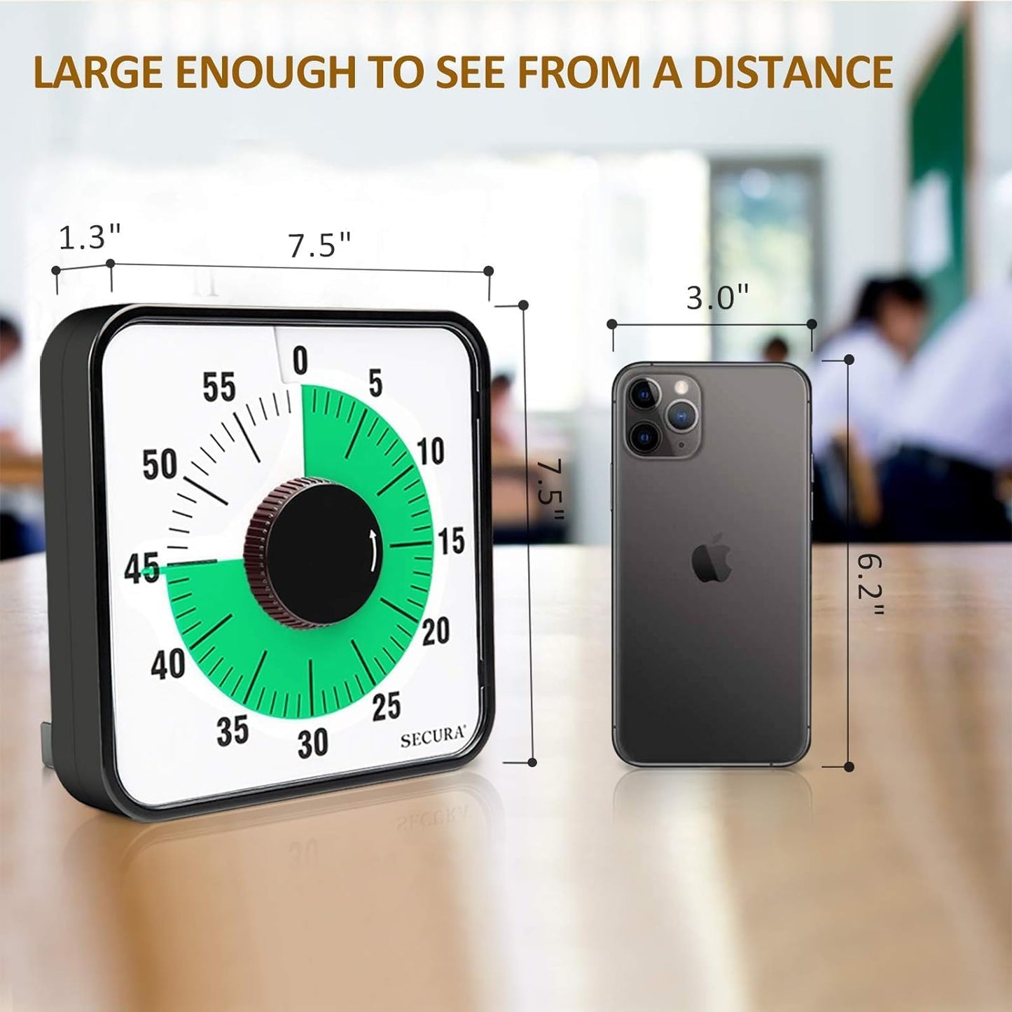 Secura 7.5 Inch Visual Timer, 60 Minute Visual Oversize Countdown Timer for Kids and Adults, Durable Mechanical Time Management Tool (Dark Green)