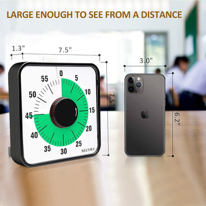 Secura 7.5 Inch Visual Timer, 60 Minute Visual Oversize Countdown Timer for Kids and Adults, Durable Mechanical Time Management Tool (Dark Green)