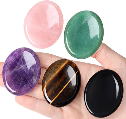 2PCS Worry Stone for Anxiety Tigers Eye Amethyst Healing Crystals Hand Thumb Stones Pocket Gemstones Meditation Accessories Oval Crystal Natural Relax Palm Stone Anxiety Relief Items Stocking Stuffers