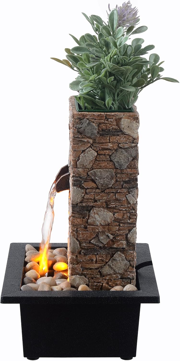 Kalona Indoor Tabletop Water Fountain – 3-Tier Resin Waterfall with LED Lights, Mini Bonsai Planter & Cascading Water Flow – Soothing Desk Fountain for Home, Office, Meditation Decor(22024)