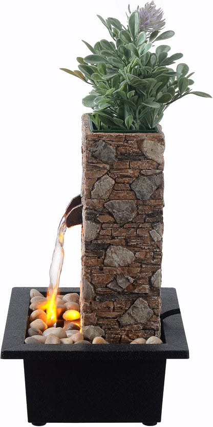 Kalona Indoor Tabletop Water Fountain – 3-Tier Resin Waterfall with LED Lights, Mini Bonsai Planter & Cascading Water Flow – Soothing Desk Fountain for Home, Office, Meditation Decor(22024)