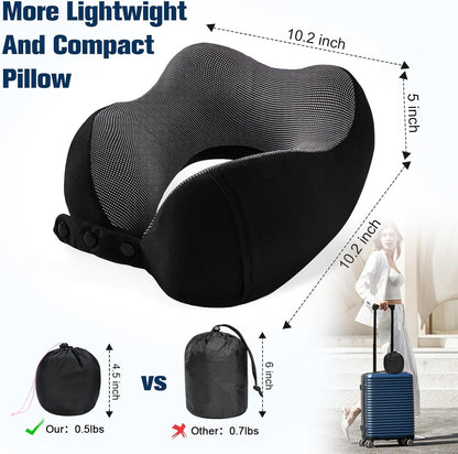 Cirorld Neck Pillow for Traveling, Travel Pillows for Airplanes,100% Pure Memory Foam Travel Neck Pillow, Adjustable Flight Pillow, Portable Plane Accessories with Eye Mask, Earplugs, Carry Bag