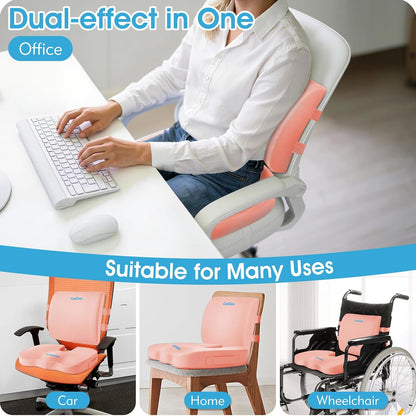 CushZone Ergonomic Seat Cushion & Lumbar Support Pillow - Memory Foam for Sciatica Pain Relief & Posture Correction, Non-Slip Chair Cushions for Office Chair/Car/Wheelchair/Travel (Black)