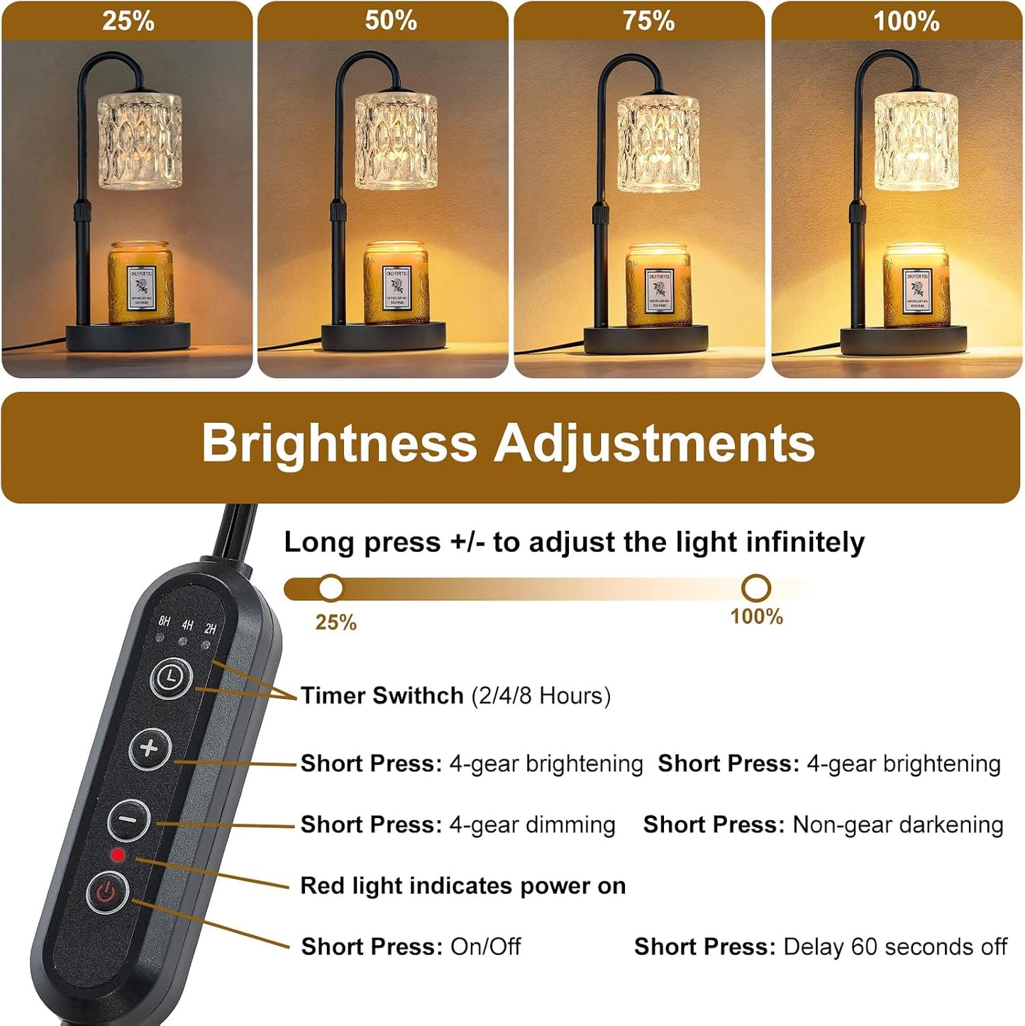 Briever Dimmable Candle Warmer Lamp with Timer, Height Adjustable Electric Candle Wax Warmer, Christmas Birthday Gifts for Women Mom, House Warming Gifts New Home Room Decor, Walnut Solid Wood Base