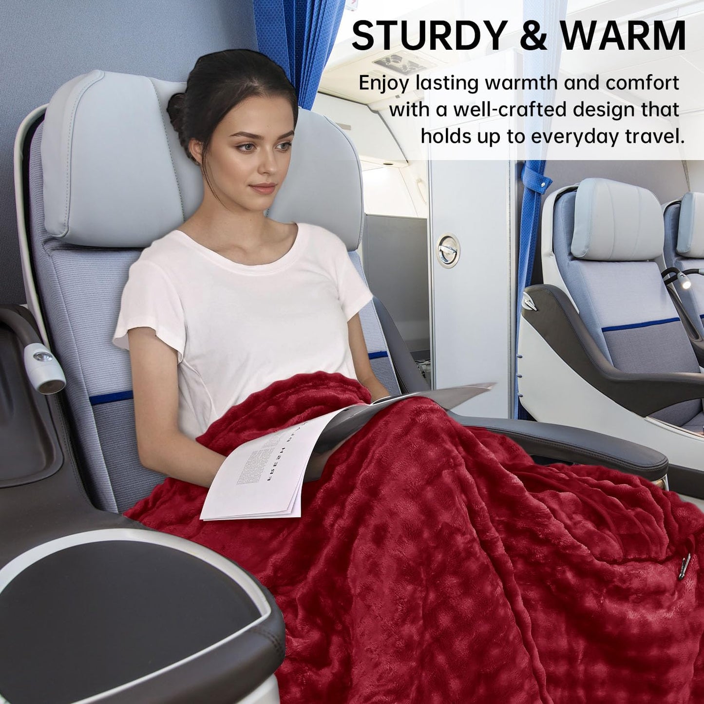 Travel Blanket and Pillow-2-in-1, Ultra-Soft&Compact, One-Piece Airplane Blanket with Hand Luggage Belt and Backpack Clip,Travelers Accessories Gifts, 61x43 Inches (Blue)
