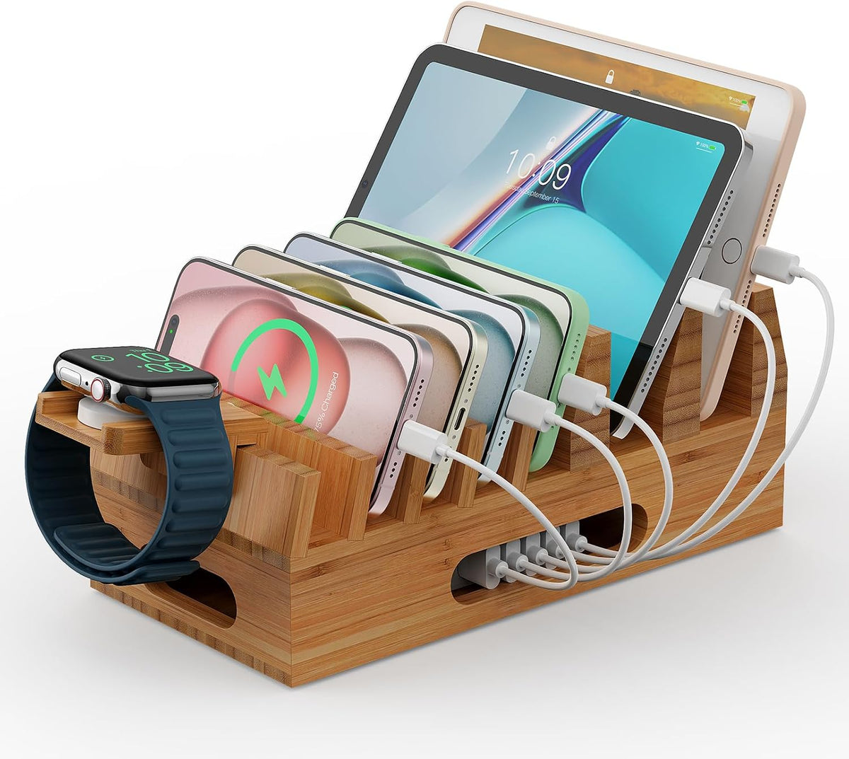 Pezin & Hulin Bamboo Charging Station with 5 Cables-Natural Bamboo