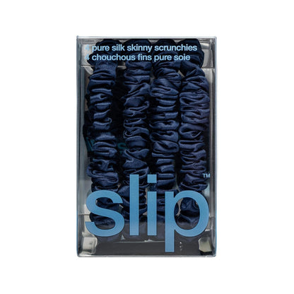 Slip Silk Hair Ties — Skinny Silk Black Scrunchies, No Damage, No Crease, Anti-Breakage |100% Mulberry Silk | All Hair Types | Made with Proprietary Slipsilk™ | Set of 4