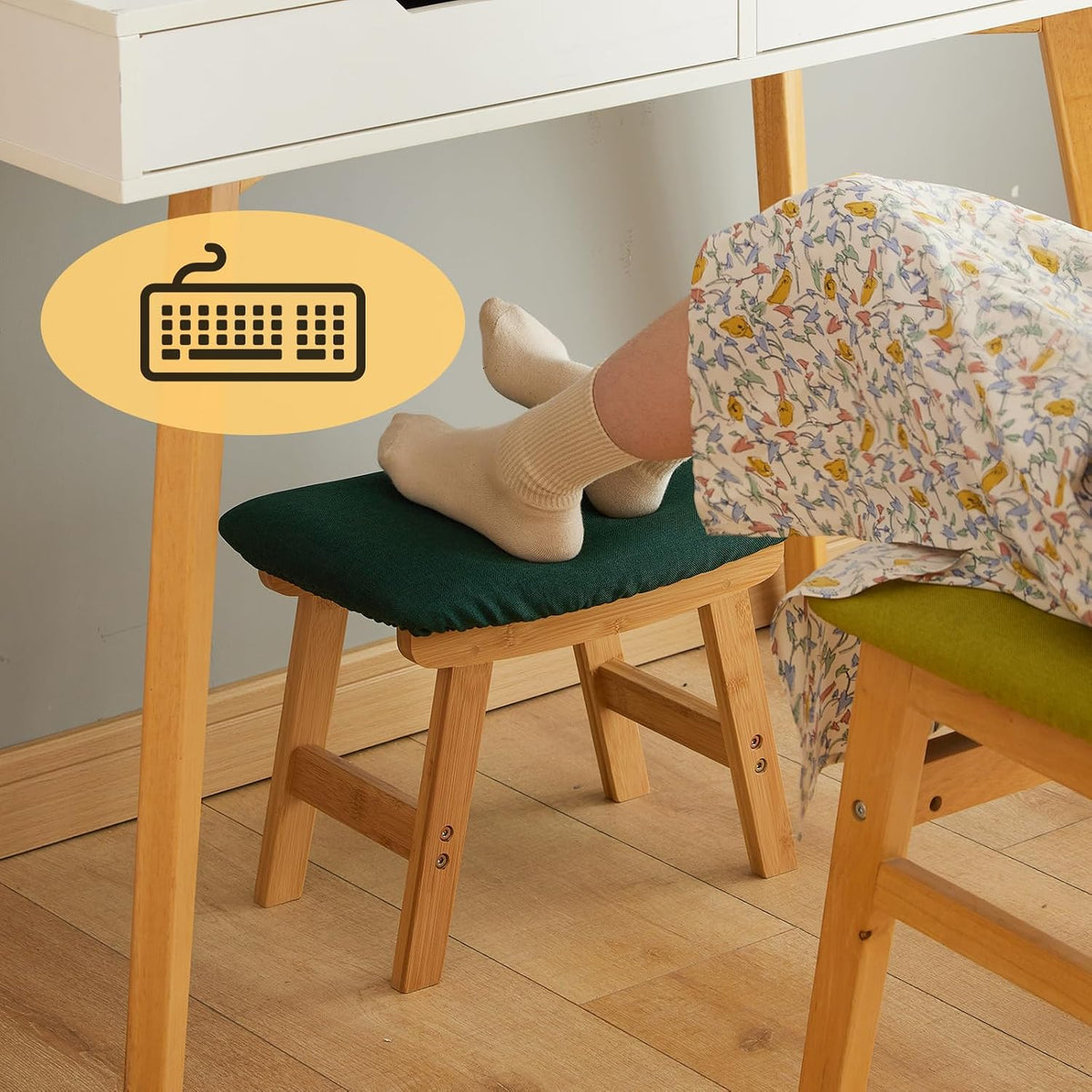 Foot Stool Ottoman Foot Rest Under Desk,Small Stool for Living Room, Bedroom and Kitchen (Brown Legs - Beige Stool Surface)