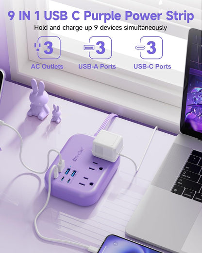 6 USB(3 USB C) Power Strip- Travel Power Strip with 6 USB Desktop Charging Station 24W/4.8A and 3 Outlets, 5Ft Flat Plug Braided Extension Cord, Non Surge Protector for Cruise Ship Travel Office Dorm