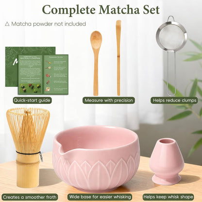Matcha Whisk Set, Ceramic Matcha Set Includes Bowl & Holder, Bamboo Whisk (Chasen), Scoop, Spoon and Sifter, 6PCS Matcha Kit Covers Everything Needed for Making Matcha (Green)