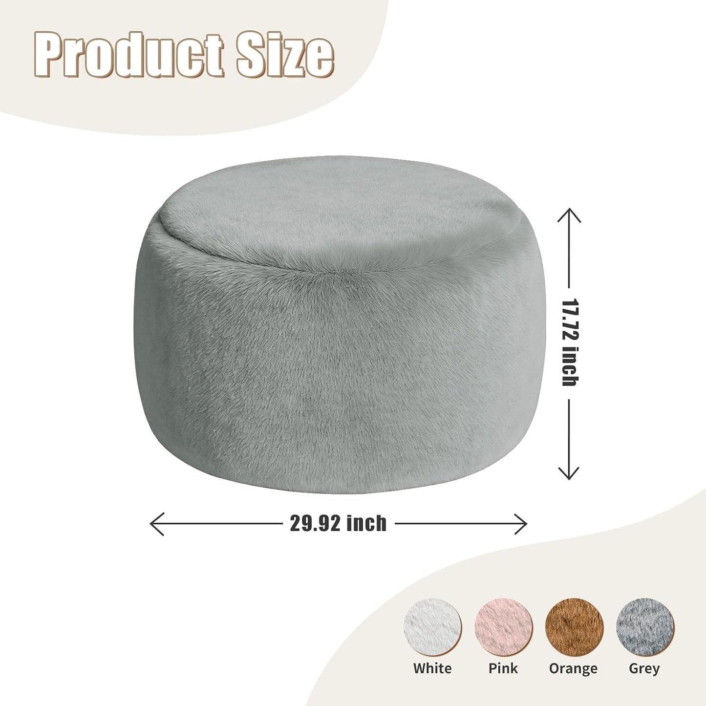 Round Stuffed Pouf Ottoman Foot Rest, Faux Fur Poufs with Memory Foam Filling, Ottomans for Living Room, Nursery, Dorm, Soft Foot Stool Ottoman for Couch, Perfect for Resting Your Feet (Grey, 20 Inch)
