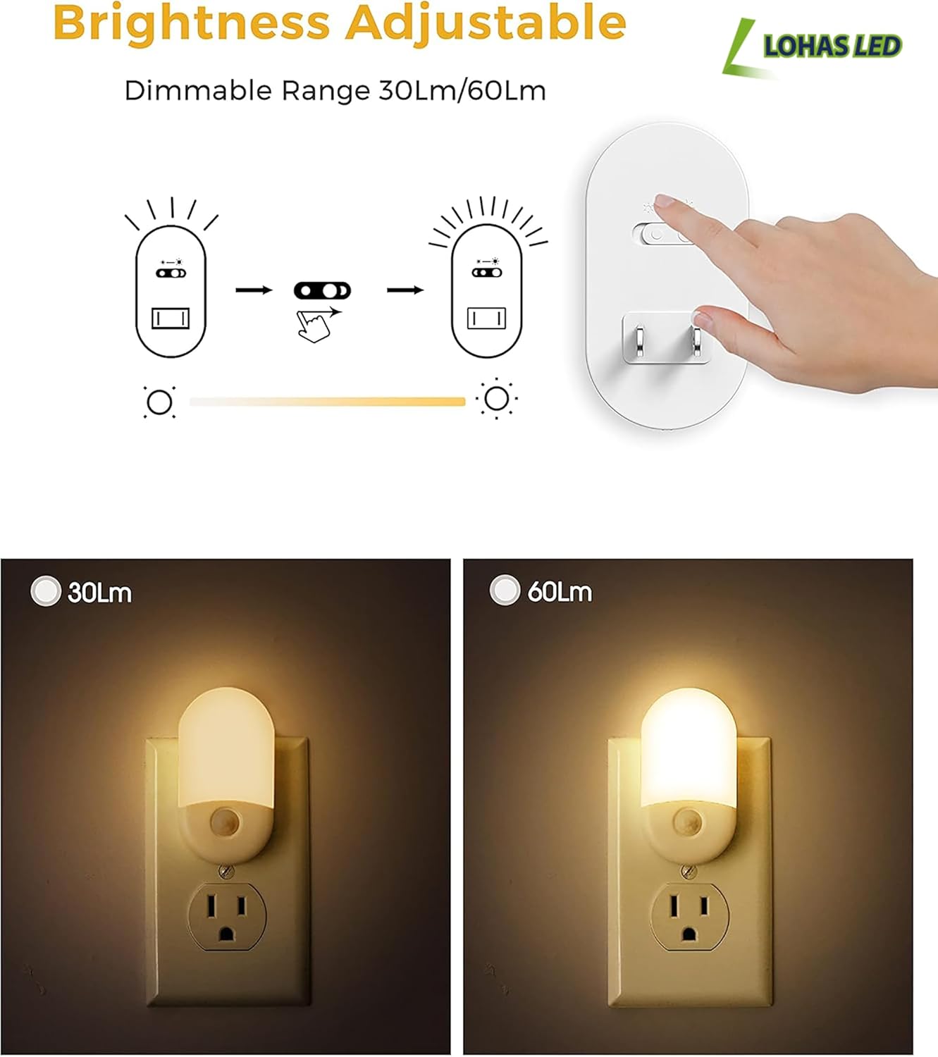L LOHAS LED Amber Night Light, 2 Pack, Night Lights Plug into Wall Motion Sensor, 0.6W 2000K, LED Nightlights, 30/60LM Adjustable Brightness, Automatic Low Blue Nightlight for Kids, Bathroom, Hallway