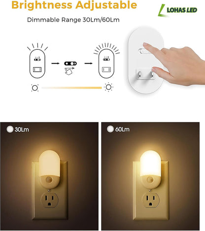 L LOHAS LED Amber Night Light, 2 Pack, Night Lights Plug into Wall Motion Sensor, 0.6W 2000K, LED Nightlights, 30/60LM Adjustable Brightness, Automatic Low Blue Nightlight for Kids, Bathroom, Hallway