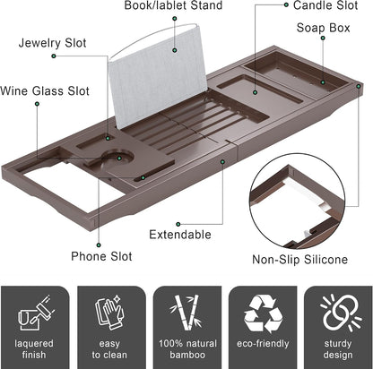 Foldable Bathtub Caddy Tray for Tub,Bamboo Expandable Bath Table Trays,Premium Bathroom Accessories for New Home & Mothers Day & Birthday Gifts for Couples,Natural