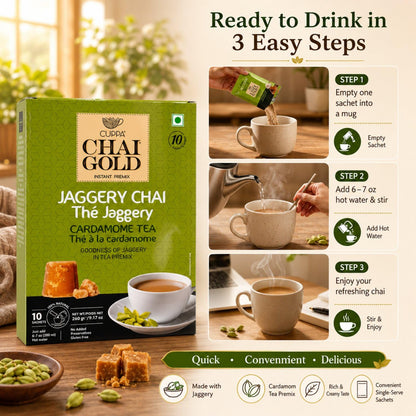 Chai Gold Instant Jaggery Chai Tea Premix Powder, Traditional Indian Milk Tea Latte Mix, Naturally Sweetened with Jaggery, Quick Preparation Hot Beverage, Low Caffeine, 10 count pack