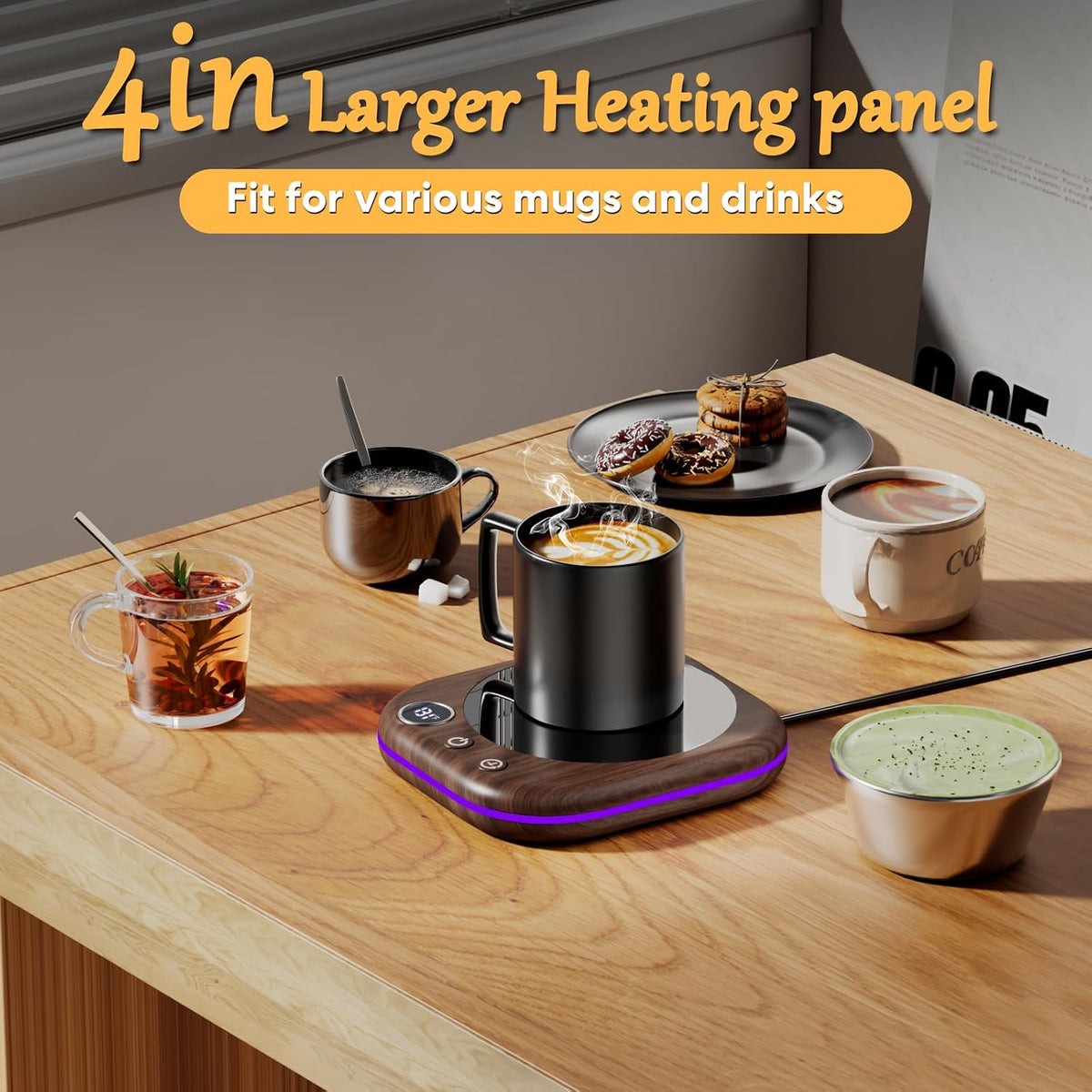 Mug Warmer Upgraded,Coffee Mug Warmer for Desk LEDs Light 3 Temp Settings (113-167°F) 1-12H Timer 4 H Auto Shut Off Beverage Cup Candle Warmer for Coffee Tea Milk(Black)