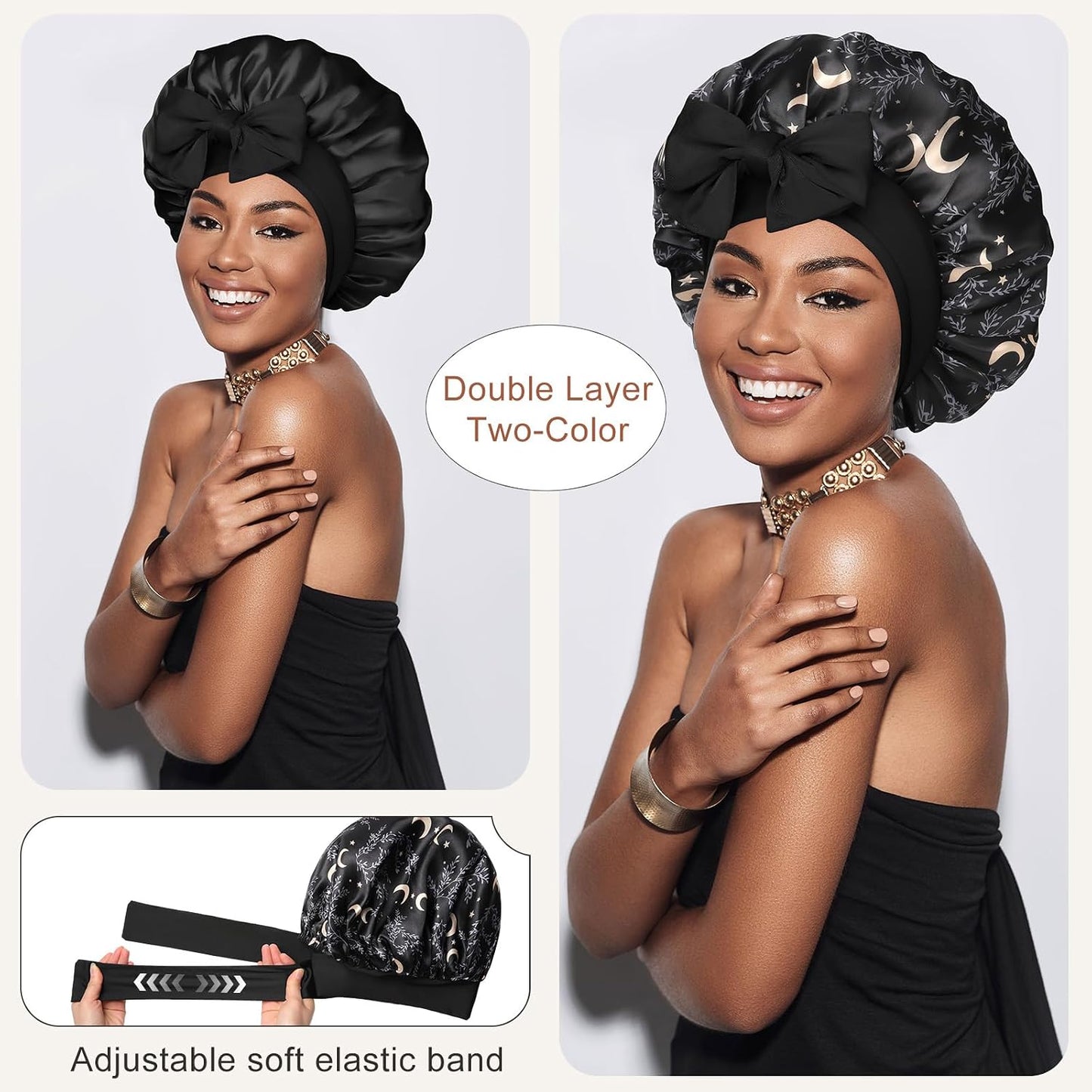 Satin Bonnet for Sleeping Cap Double Layer Hair Bonnet with Elastic Tie Band for Curly Hair Night Cap (Bean Paste + Pink)