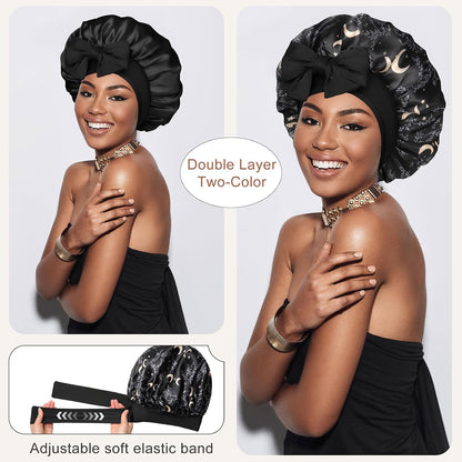 Satin Bonnet for Sleeping Cap Double Layer Hair Bonnet with Elastic Tie Band for Curly Hair Night Cap (Bean Paste + Pink)