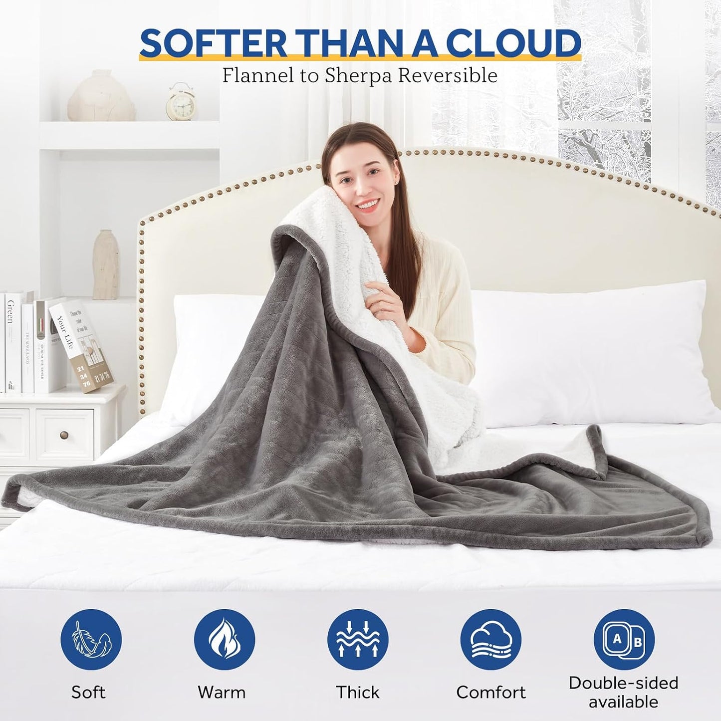 Sealy Heated Blanket Throw with Built-in Button Controller, Reversible Flannel to Sherpa Electric Blanket with 2-10 Hours Auto-Off & 4 Heating Levels, Over-Heat Protection, 50x60 inch, Beige
