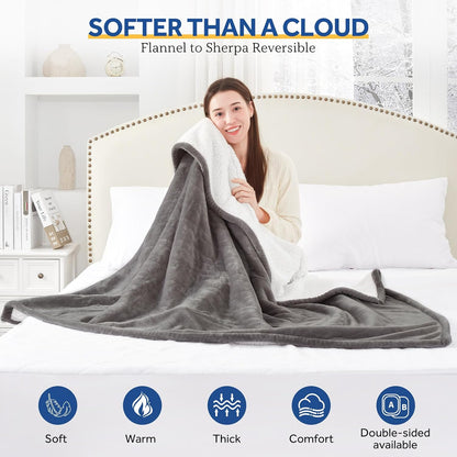 Sealy Heated Blanket Throw with Built-in Button Controller, Reversible Flannel to Sherpa Electric Blanket with 2-10 Hours Auto-Off & 4 Heating Levels, Over-Heat Protection, 50x60 inch, Beige