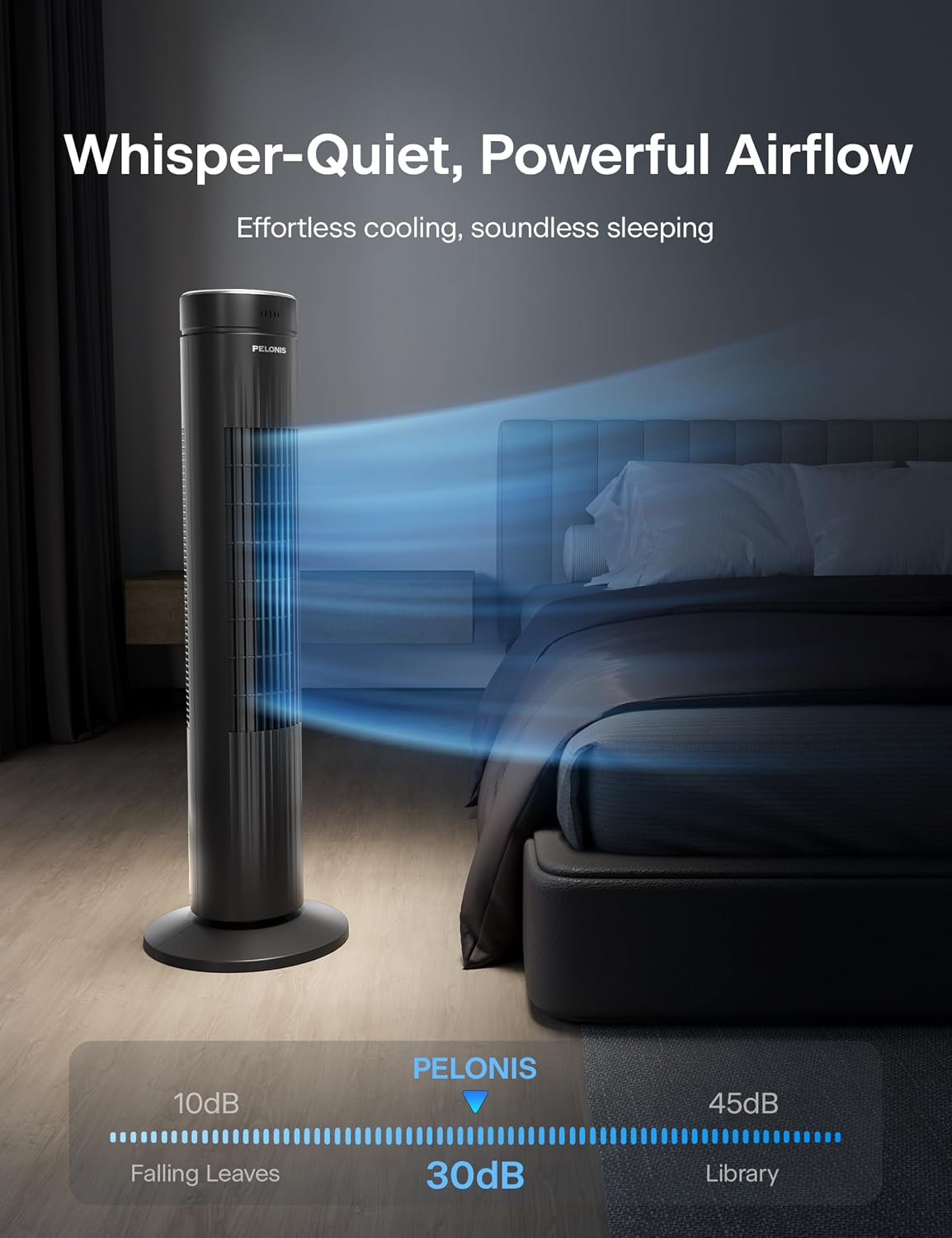 PELONIS 30 Inch Tower Fan for Bedroom, Quiet Oscillating Standing Fan with 3 Speeds, Portable Cooling Fan for Home Office Dorm Room, Auto-off Timer, Black, PFT28A2BBB