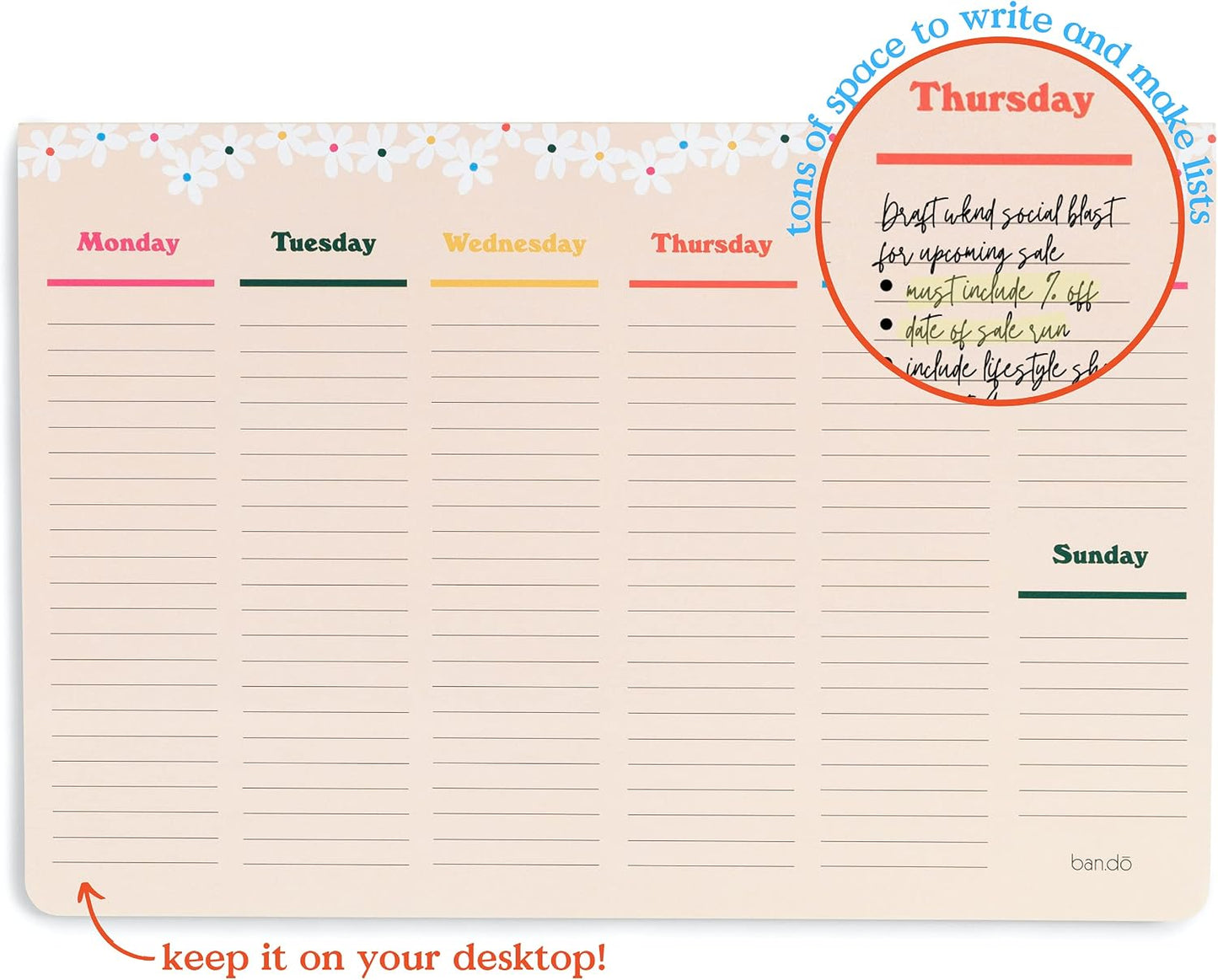 ban.do Weekly Planner Notepad, Desk Planner/Calendar Pad with 52 Sheets, Undated Weekly Desktop Calendar/Agenda (Pink/Green)