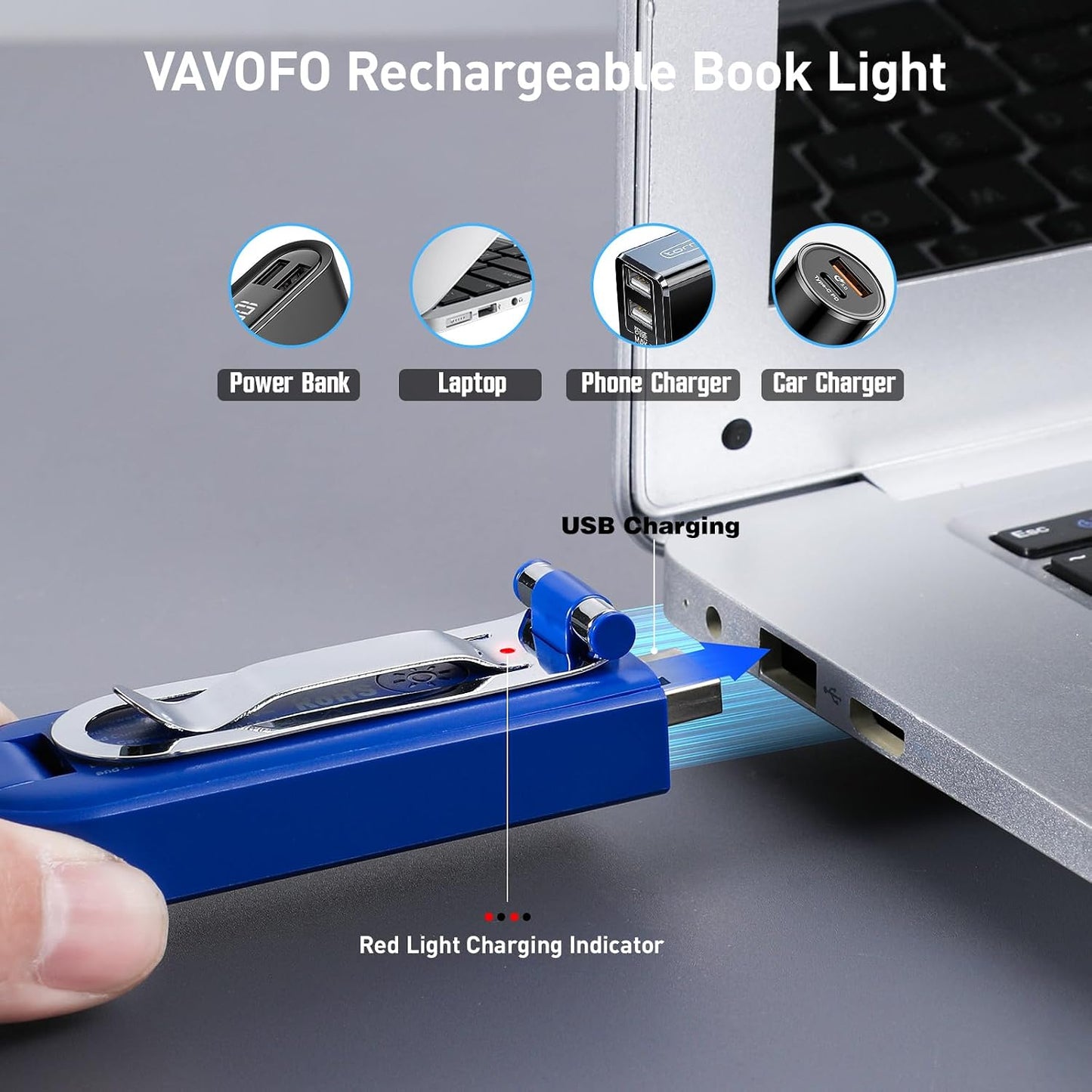 VAVOFO USB Rechargeable Book Light, Blue Light Blocking, Amber Clip-On Bookmark Shaped Reading Light, Eye Care 6 LEDs With 9 Lighting Modes for Bookworms (Grey)