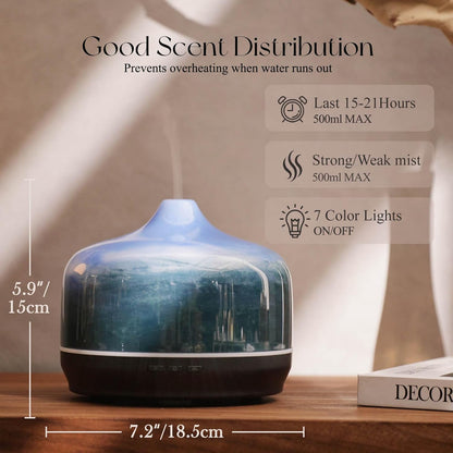 Porseme 500ml Glass Essential Oil Diffuser Aromatherapy Ultrasonic Cool Mist Humidifier 15-21 Running Hours Waterless Auto-Off Air Diffusers for Sleeping Yoga Working Spa(Light Blue)